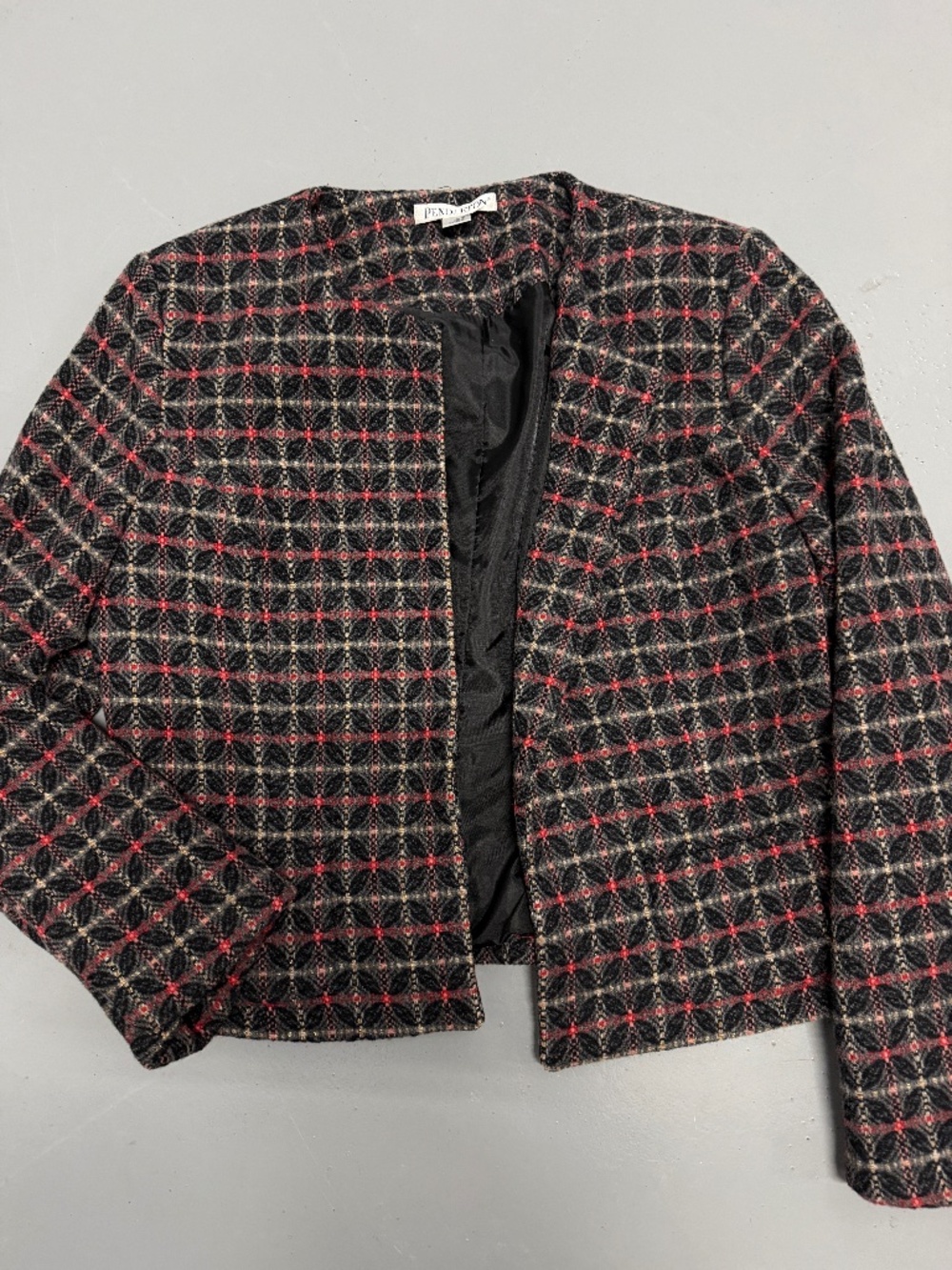 Pendleton wool cashmere crop open front blazer jacket size 12 black red gold